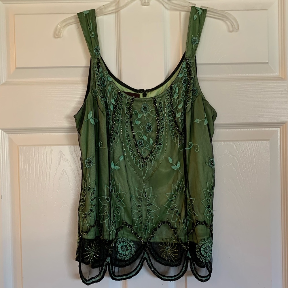 Green and Black Beaded MARINA Tank Top. Size XL